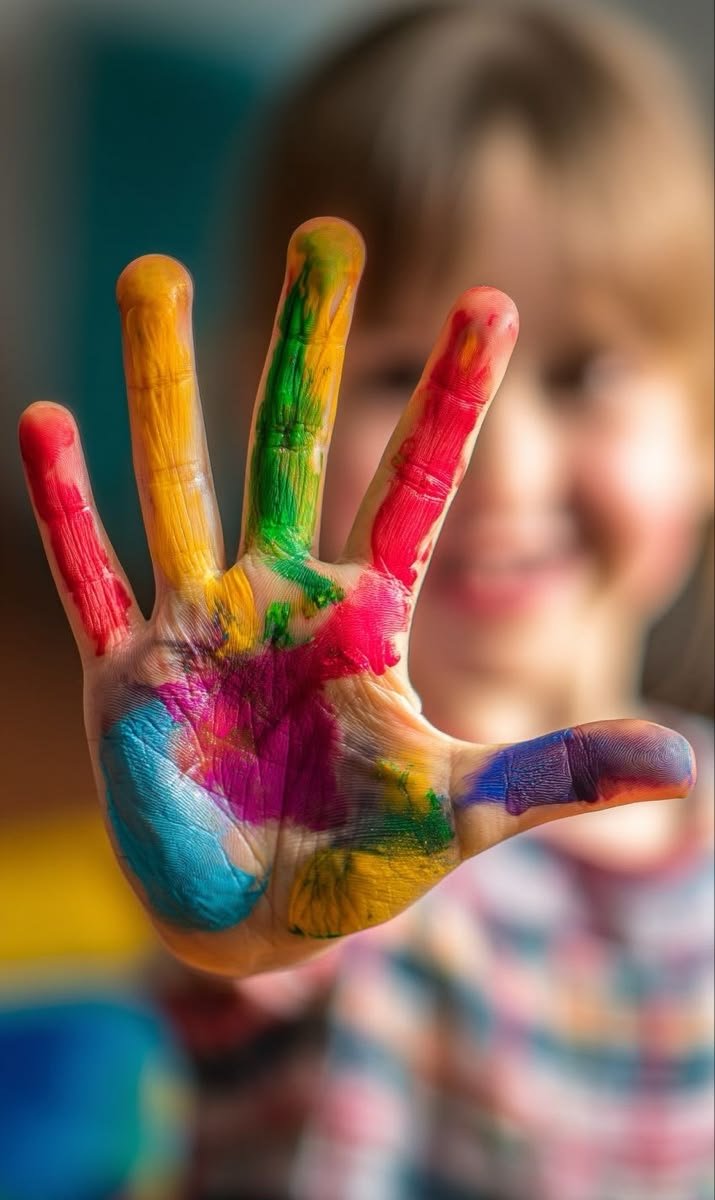 Child with colourful painted hand during a creative tuition session