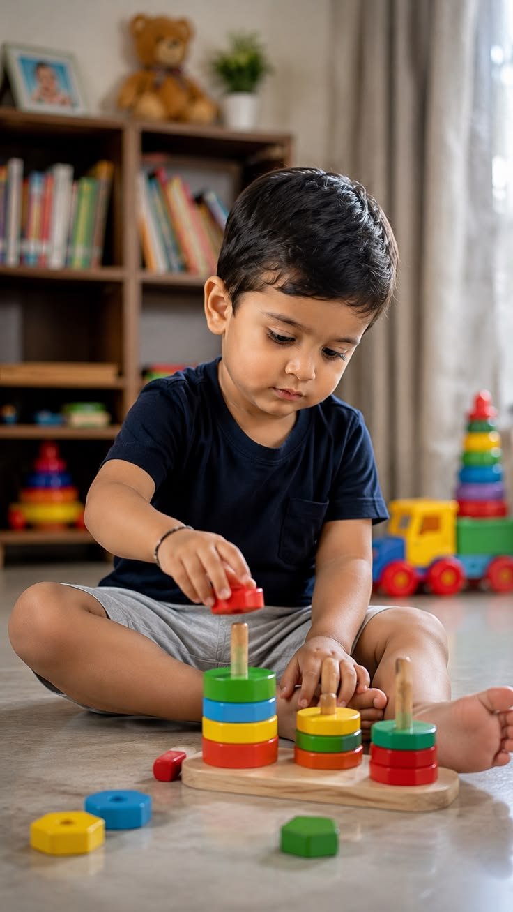 Child playing with stacking toys during day care